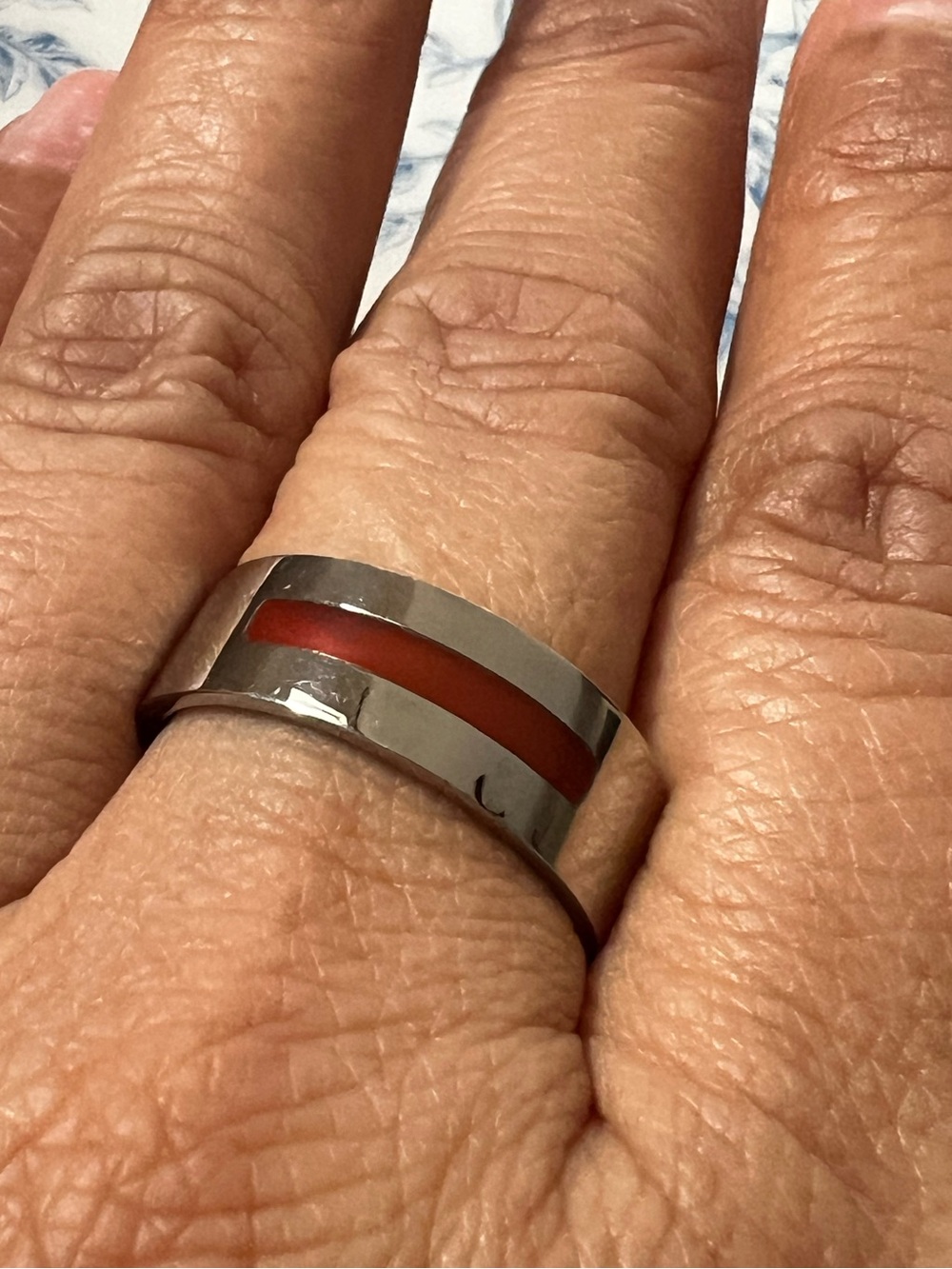 Mens Ring Size 10 Silver Carnelian Inlay Band Minimalist Unisex #1026